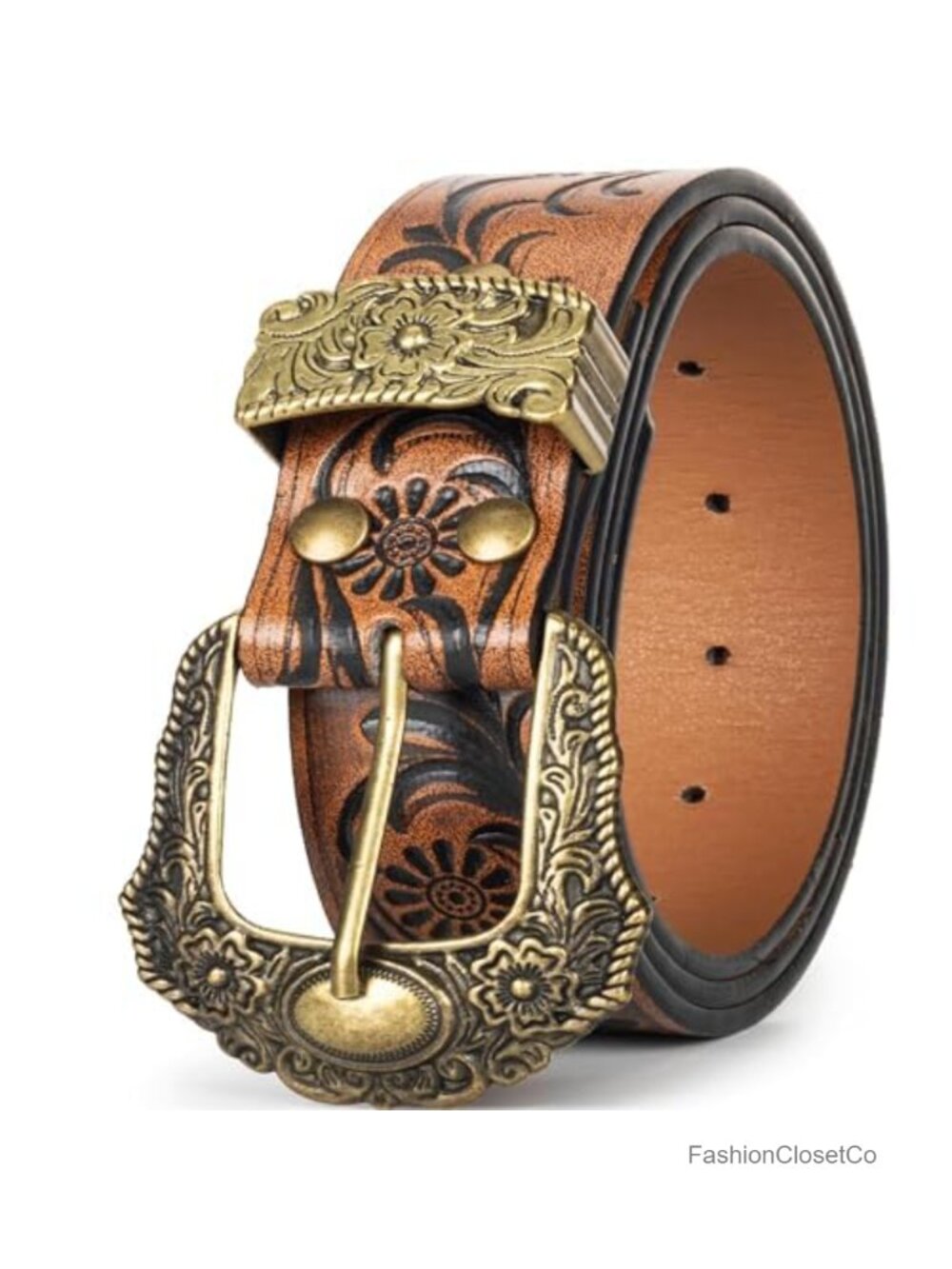 Western Cowboy Belt Floral Engraved Metal Buckle Adjustable Faux Leather